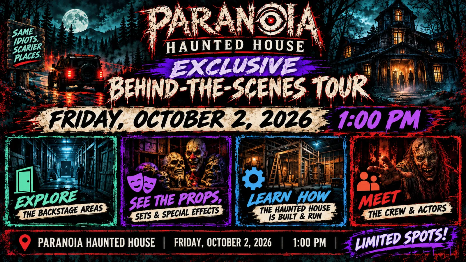 Paranoia Haunted House exclusive behind-the-scenes tour, Friday October 2, 2026 at 1:00 PM